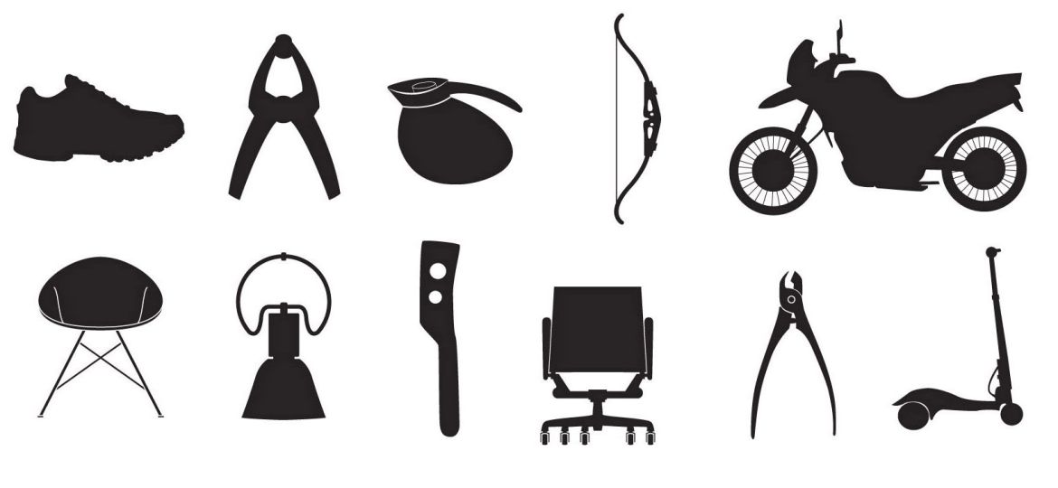 Set di silhouette di oggetti di design e uso quotidiano.