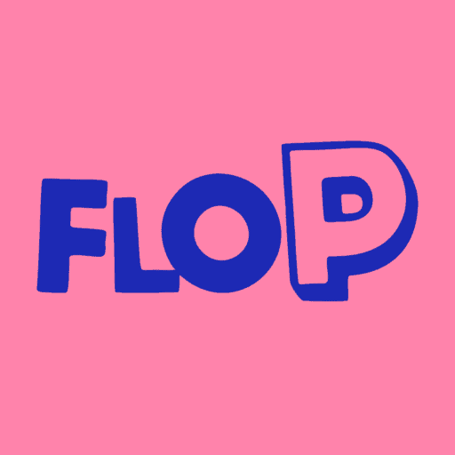 Blue letters 'FLOP' on pink background