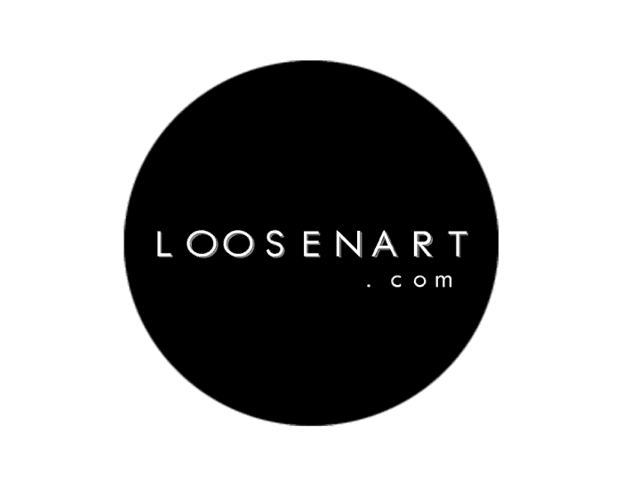 Cerchio nero con testo bianco looseart.com al centro