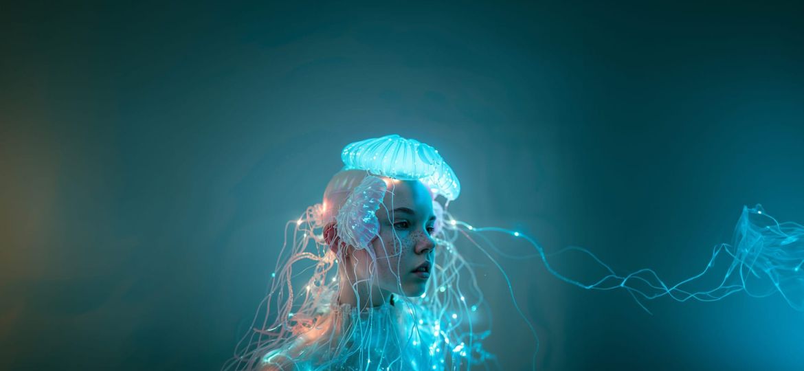 persona con luci LED blu e rosa simili a meduse sulla testa
