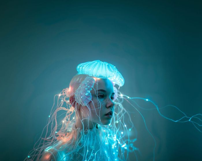 persona con luci LED blu e rosa simili a meduse sulla testa
